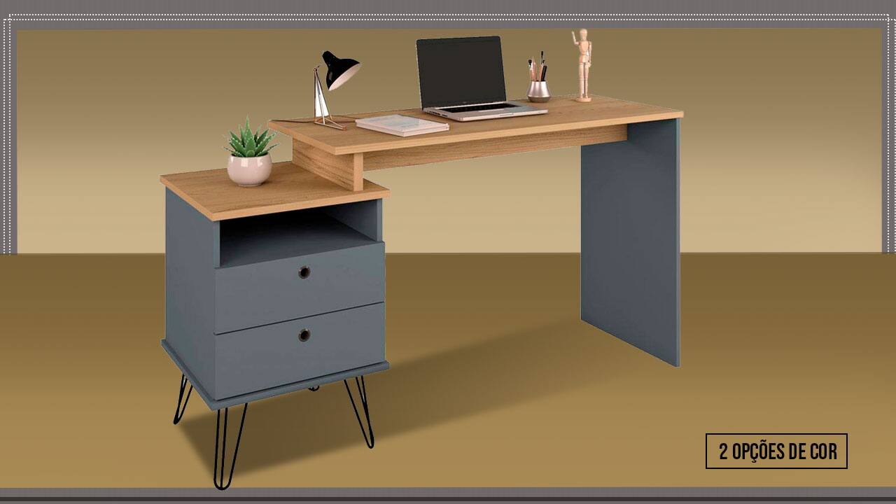 2 duas opções de cor imagem frontal frente Escrivaninha Artany Plus cinza marrom gavetas fechadas pés notebook luminária preta livro lata porta lápis caneta objeto decorativo fundo arte bege