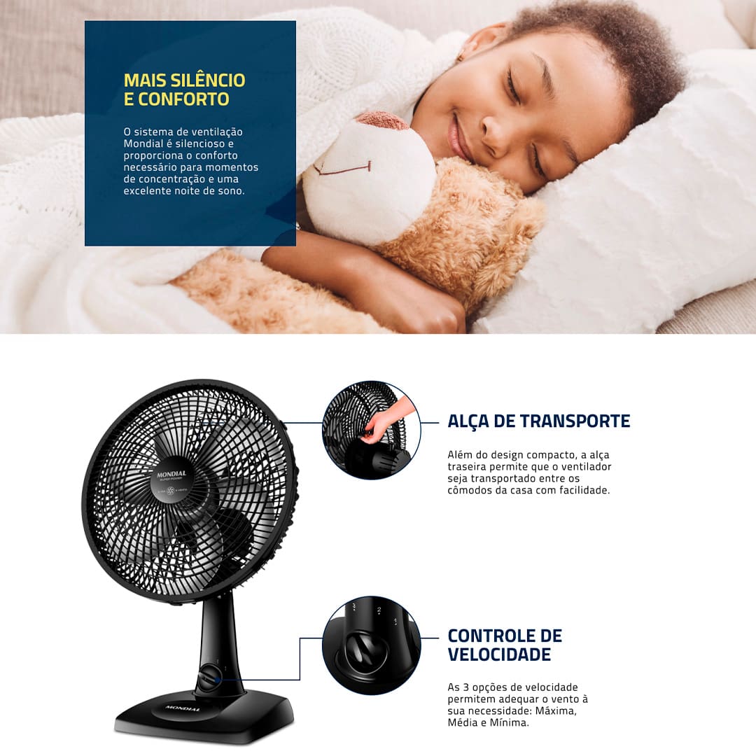 Com o Ventilador Mondial Super Power VSP-30B, os dias de verão não serão mais os mesmos! Ele irá agradar e refrescar esses momentos, dispondo de 6 pás com 30 centímetros de diâmetro, que possibilitam uma grande vazão de ar, com muito mais vento e tranquilidade. Com 30cm e 3 velocidades, o Ventilador Mondial Super Power VSP-30-B é mais vento. 