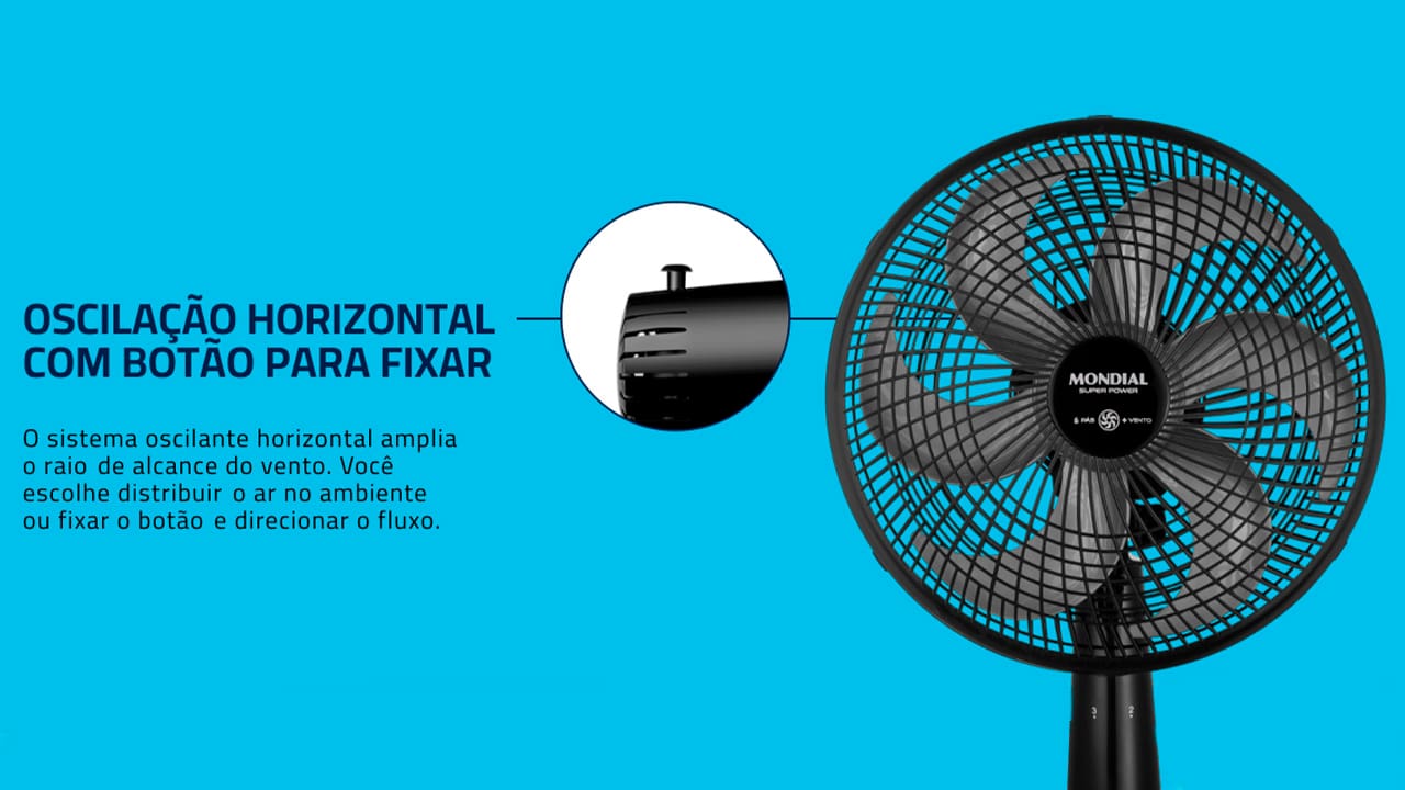 Com o Ventilador Mondial Super Power VSP-30B, os dias de verão não serão mais os mesmos! Ele irá agradar e refrescar esses momentos, dispondo de 6 pás com 30 centímetros de diâmetro, que possibilitam uma grande vazão de ar, com muito mais vento e tranquilidade. Com 30cm e 3 velocidades, o Ventilador Mondial Super Power VSP-30-B é mais vento. 