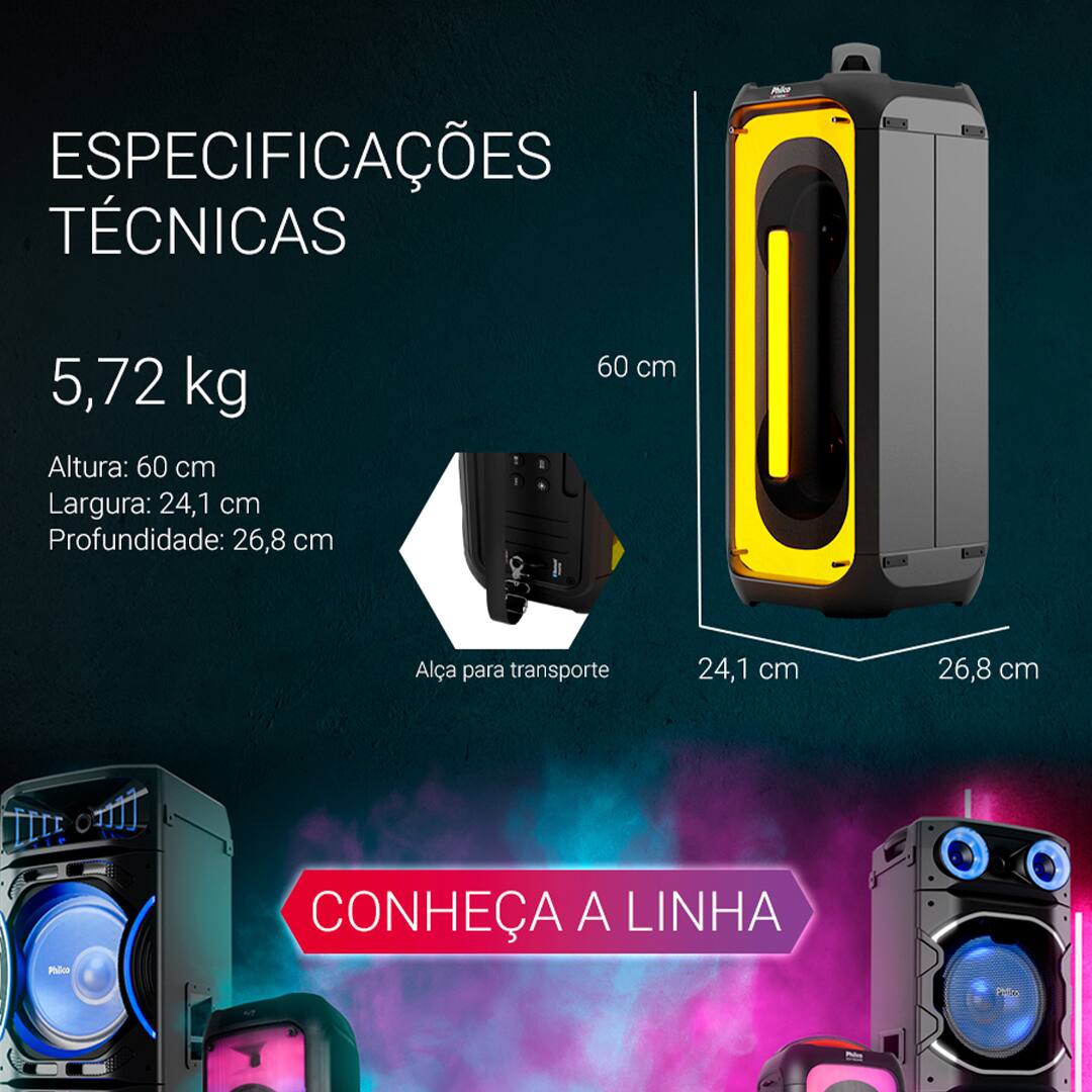 Caixa de Som Amplificada Philco Ex Bass PCX6700 com Bluetooth, Entrada Guitarra e Microfone, Controle Remoto 