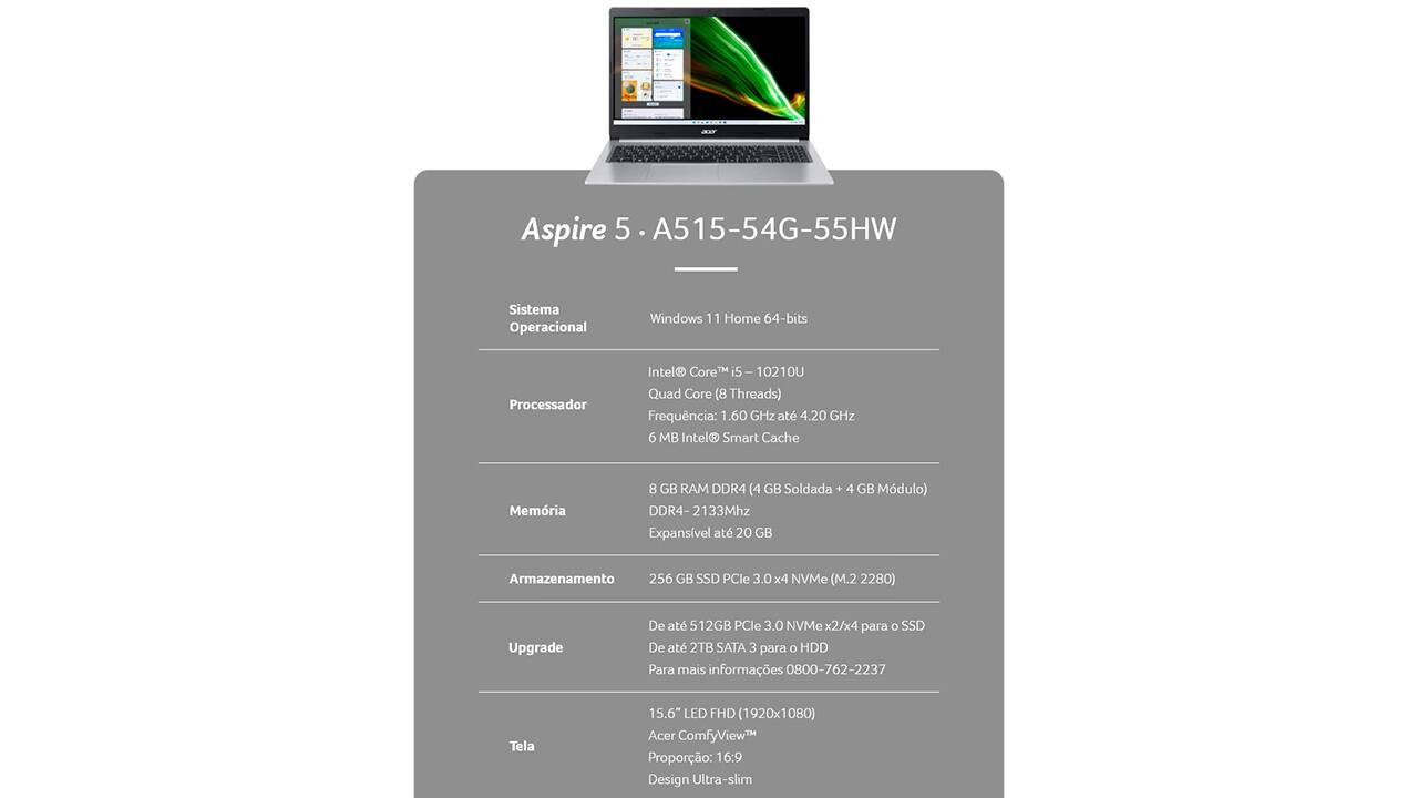 NOT ACER A515-54G-55HW CI5/8GB/256SSD/15.6/W11 - 55048486
