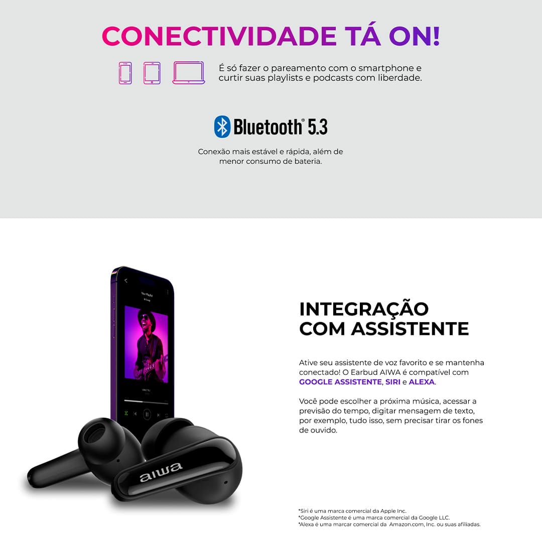 Qualidade Sonora que Vai te Surpreender O fone de ouvido conta com diafragma composto e drivers dinâmicos integrados, proporcionando um som mais limpo e potente. Escute playlists de músicas e podcasts com som livre de distorções, além de graves mais profundos e agudos mais nítidos. Experiência Envolvente Com a tecnologia ANC PLUS (cancelamento de ruído), é possível bloquear barulhos externos em até -28 dB. Além do modo ambiente, que permite ouvir o som ao seu redor de forma mais clara e completamente realista sem precisar remover o fone de ouvido. Fast Charge e Durabilidade da Bateria A função Fast Charge permite um carregamento eficiente e em apenas 10 minutos, você obtém até 2 horas de bateria. Quando os fones estão totalmente carregados, proporcionam 5 horas de música sem interrupções. Proteção IPX5 e Resistência a Água Certificado com IPX5, o Fone de Ouvido AWS-EB-01 é resistente ao suor e à água para enfrentar o dia a dia. Além disso, está protegido contra o contato com líquidos para te acompanhar na academia, piscina e atividades ao ar livre.