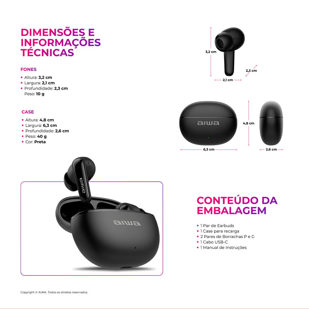 Qualidade Sonora que Vai te Surpreender O fone de ouvido conta com diafragma composto e drivers dinâmicos integrados, proporcionando um som mais limpo e potente. Escute playlists de músicas e podcasts com som livre de distorções, além de graves mais profundos e agudos mais nítidos. Experiência Envolvente Com a tecnologia ANC PLUS (cancelamento de ruído), é possível bloquear barulhos externos em até -28 dB. Além do modo ambiente, que permite ouvir o som ao seu redor de forma mais clara e completamente realista sem precisar remover o fone de ouvido. Fast Charge e Durabilidade da Bateria A função Fast Charge permite um carregamento eficiente e em apenas 10 minutos, você obtém até 2 horas de bateria. Quando os fones estão totalmente carregados, proporcionam 5 horas de música sem interrupções. Proteção IPX5 e Resistência a Água Certificado com IPX5, o Fone de Ouvido AWS-EB-01 é resistente ao suor e à água para enfrentar o dia a dia. Além disso, está protegido contra o contato com líquidos para te acompanhar na academia, piscina e atividades ao ar livre.