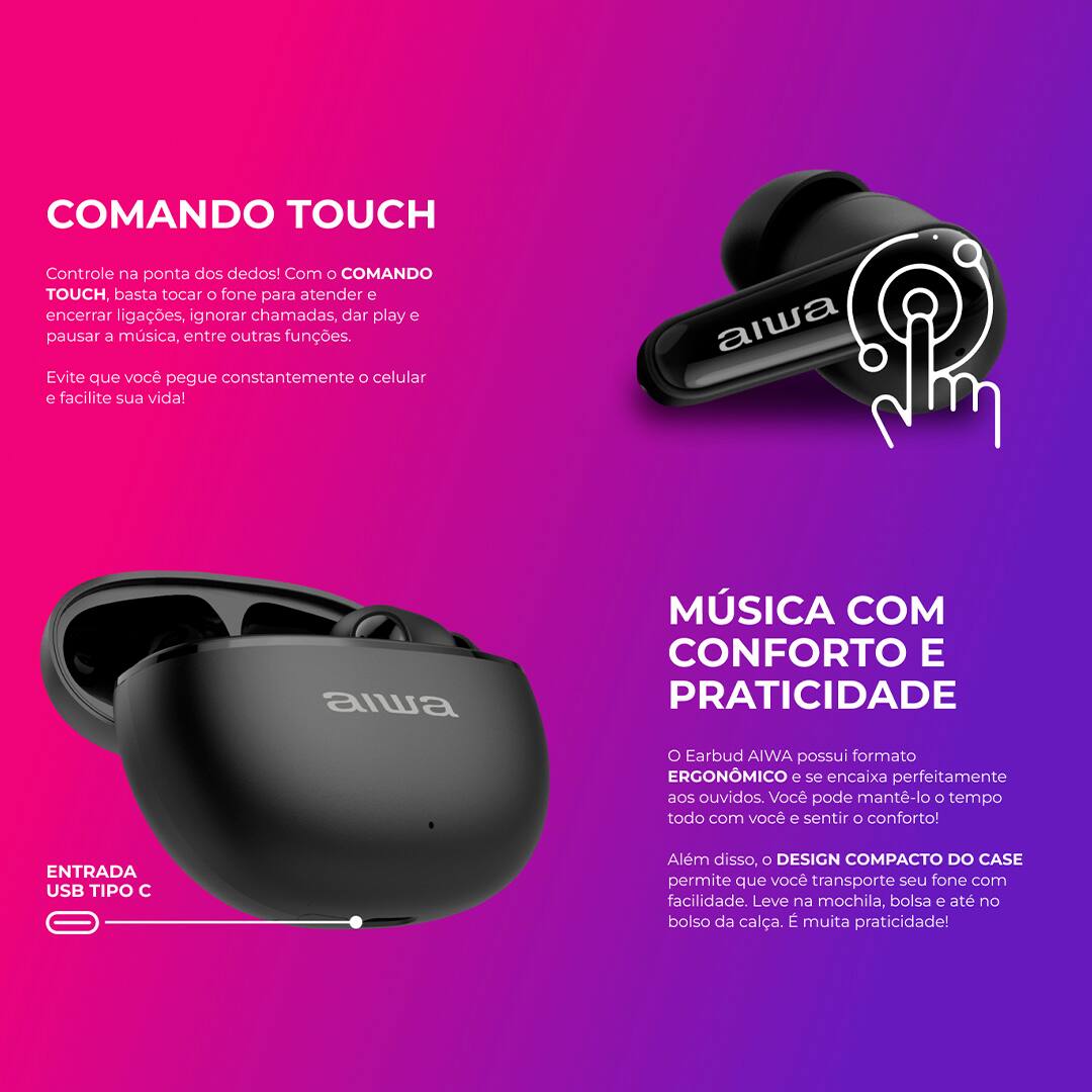 Qualidade Sonora que Vai te Surpreender O fone de ouvido conta com diafragma composto e drivers dinâmicos integrados, proporcionando um som mais limpo e potente. Escute playlists de músicas e podcasts com som livre de distorções, além de graves mais profundos e agudos mais nítidos. Experiência Envolvente Com a tecnologia ANC PLUS (cancelamento de ruído), é possível bloquear barulhos externos em até -28 dB. Além do modo ambiente, que permite ouvir o som ao seu redor de forma mais clara e completamente realista sem precisar remover o fone de ouvido. Fast Charge e Durabilidade da Bateria A função Fast Charge permite um carregamento eficiente e em apenas 10 minutos, você obtém até 2 horas de bateria. Quando os fones estão totalmente carregados, proporcionam 5 horas de música sem interrupções. Proteção IPX5 e Resistência a Água Certificado com IPX5, o Fone de Ouvido AWS-EB-01 é resistente ao suor e à água para enfrentar o dia a dia. Além disso, está protegido contra o contato com líquidos para te acompanhar na academia, piscina e atividades ao ar livre.
