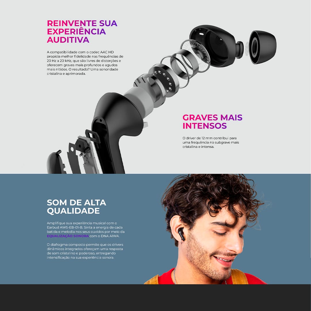 Qualidade Sonora que Vai te Surpreender O fone de ouvido conta com diafragma composto e drivers dinâmicos integrados, proporcionando um som mais limpo e potente. Escute playlists de músicas e podcasts com som livre de distorções, além de graves mais profundos e agudos mais nítidos. Experiência Envolvente Com a tecnologia ANC PLUS (cancelamento de ruído), é possível bloquear barulhos externos em até -28 dB. Além do modo ambiente, que permite ouvir o som ao seu redor de forma mais clara e completamente realista sem precisar remover o fone de ouvido. Fast Charge e Durabilidade da Bateria A função Fast Charge permite um carregamento eficiente e em apenas 10 minutos, você obtém até 2 horas de bateria. Quando os fones estão totalmente carregados, proporcionam 5 horas de música sem interrupções. Proteção IPX5 e Resistência a Água Certificado com IPX5, o Fone de Ouvido AWS-EB-01 é resistente ao suor e à água para enfrentar o dia a dia. Além disso, está protegido contra o contato com líquidos para te acompanhar na academia, piscina e atividades ao ar livre.
