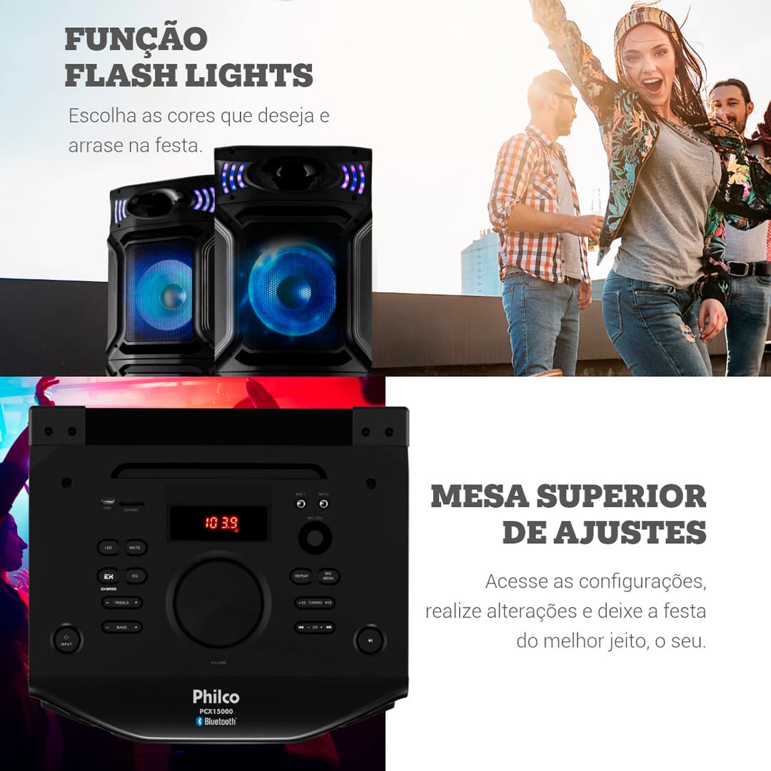 Potência é o que nos move, é o que move a vida. A Caixa Acústica PCX15000 PR Philco tem 1500W de potência, conexão BT que permite executar músicas direto do dispositivo móvel. Além da explosão de luzes dos Flash Lights. Além disso, enquanto a função EX BASS aumenta a qualidade dos graves com apenas um clique, o bluetooth transmite os dados sem fio entre dispositivos de uma maneira mais rápida e eficiente. Aproveite e use a mesa superior de ajustes para controlar sua música, alterar as configurações, adicionar efeitos e deixar a festa do seu jeito. Tem entrada USB, para SD e cabo AUX, que permitem reproduzir músicas por meio de outro aparelho!