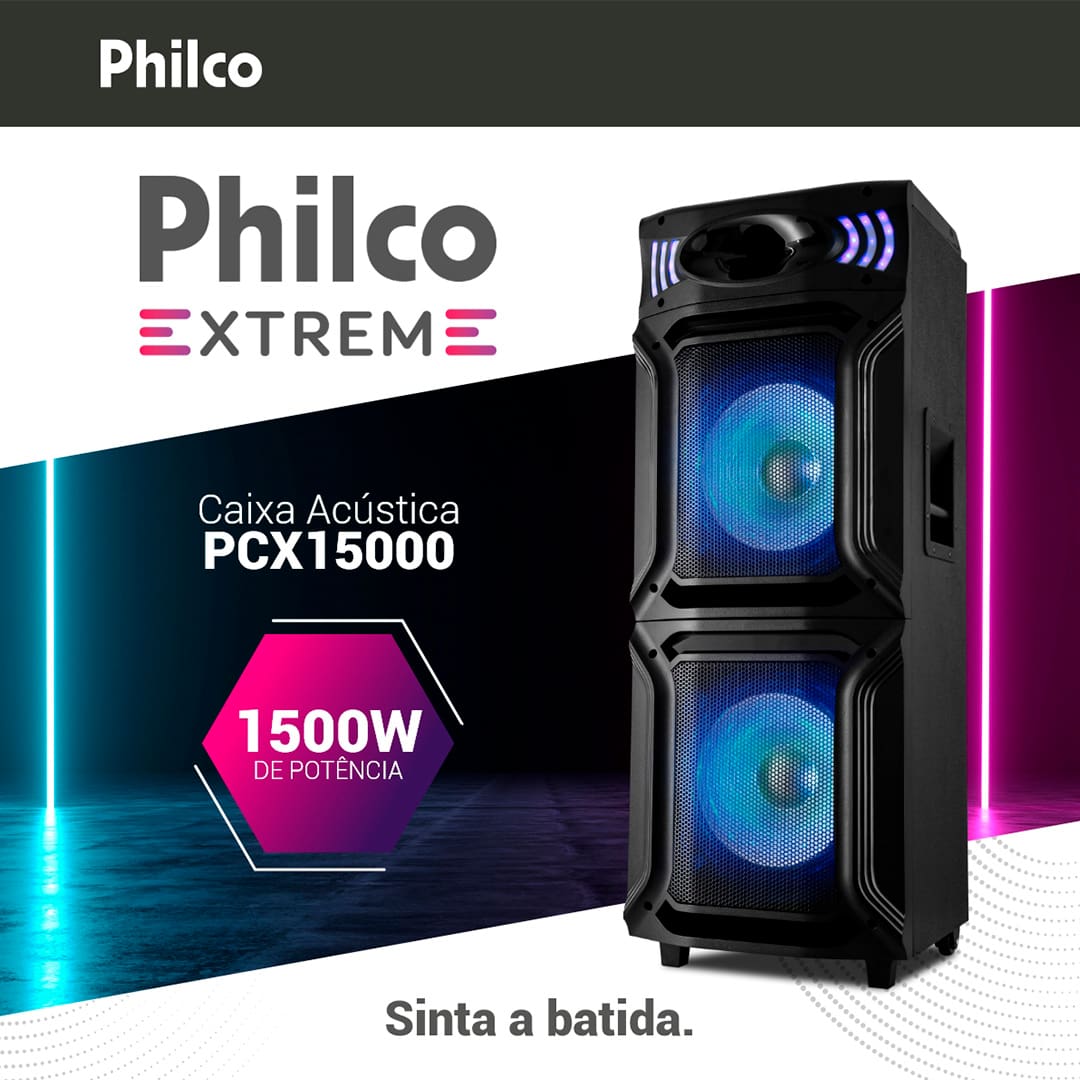 Potência é o que nos move, é o que move a vida. A Caixa Acústica PCX15000 PR Philco tem 1500W de potência, conexão BT que permite executar músicas direto do dispositivo móvel. Além da explosão de luzes dos Flash Lights. Além disso, enquanto a função EX BASS aumenta a qualidade dos graves com apenas um clique, o bluetooth transmite os dados sem fio entre dispositivos de uma maneira mais rápida e eficiente. Aproveite e use a mesa superior de ajustes para controlar sua música, alterar as configurações, adicionar efeitos e deixar a festa do seu jeito. Tem entrada USB, para SD e cabo AUX, que permitem reproduzir músicas por meio de outro aparelho!