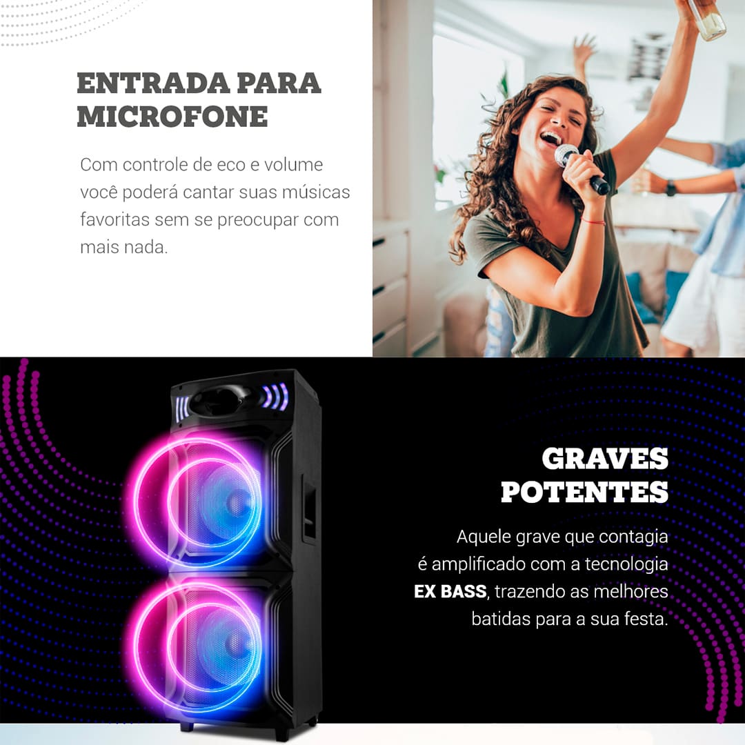 Potência é o que nos move, é o que move a vida. A Caixa Acústica PCX15000 PR Philco tem 1500W de potência, conexão BT que permite executar músicas direto do dispositivo móvel. Além da explosão de luzes dos Flash Lights. Além disso, enquanto a função EX BASS aumenta a qualidade dos graves com apenas um clique, o bluetooth transmite os dados sem fio entre dispositivos de uma maneira mais rápida e eficiente. Aproveite e use a mesa superior de ajustes para controlar sua música, alterar as configurações, adicionar efeitos e deixar a festa do seu jeito. Tem entrada USB, para SD e cabo AUX, que permitem reproduzir músicas por meio de outro aparelho!