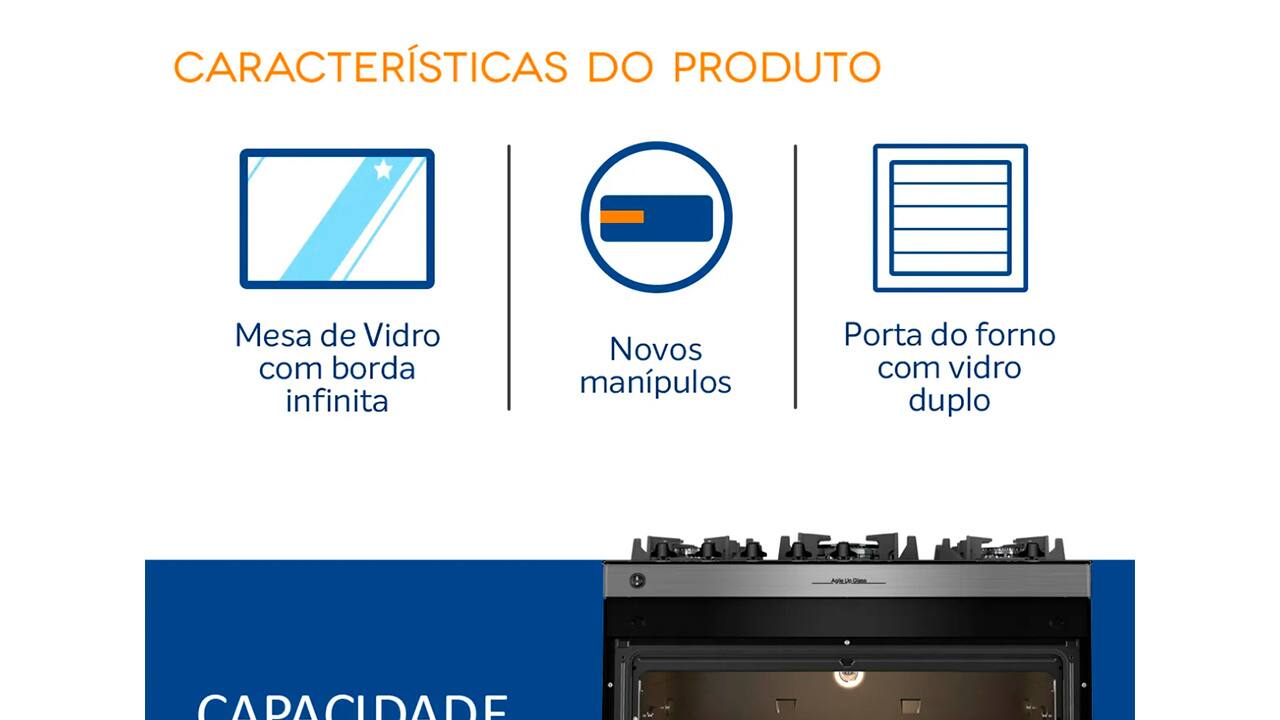 Fogão Atlas 5 Bocas Agile Up Glass Inox