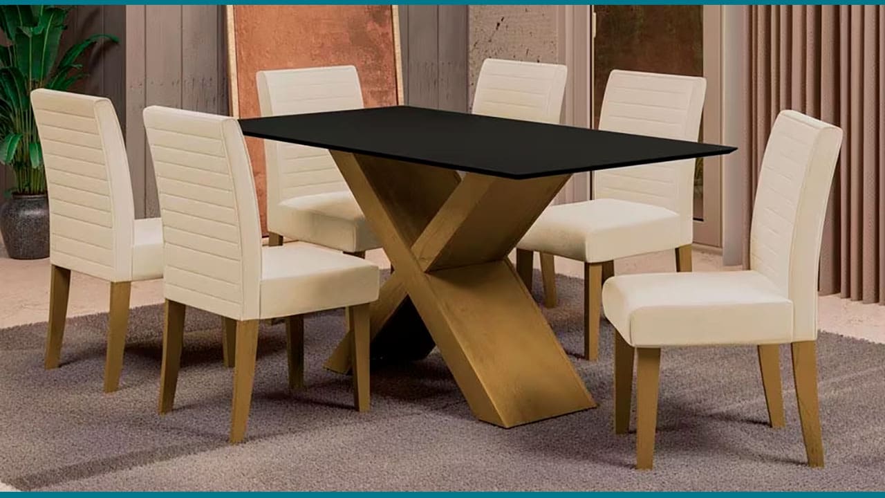 Mesa Jantar Dobuê Creta Light 6 Cadeiras conjunto sala de jantar tampo formato retangular