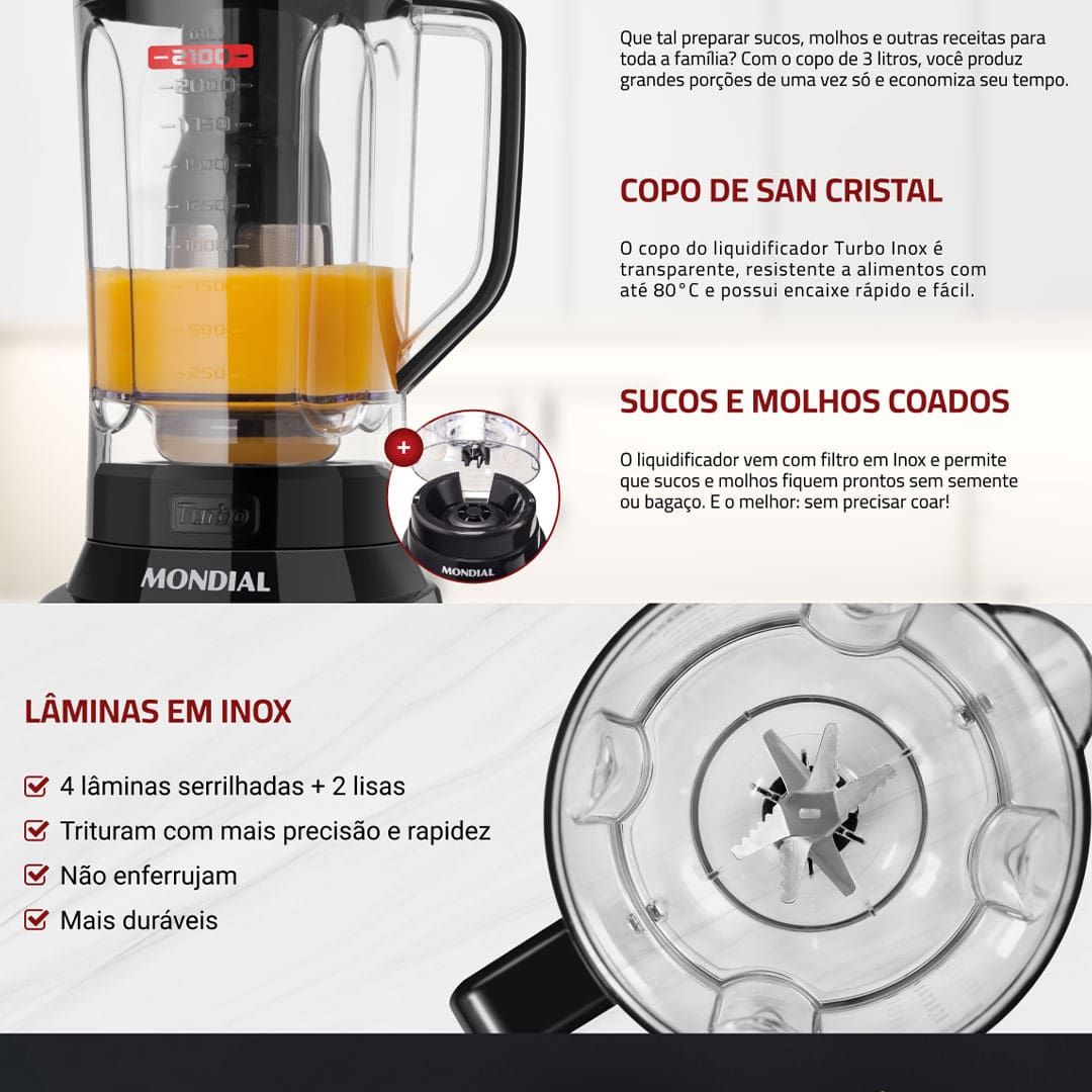 Para alcançar mistura homogêneas em suas receitas de forma eficiente e rápida, o Liquidificador Mondial Turbo Inox L1200 BI é a opção certa. Moderno, com acabamento do painel em aço inox, ele possui 1200W de potência e novo sistema de encaixe, que garantem praticidade no preparo de suas receitas e sofisticação para sua cozinha.
