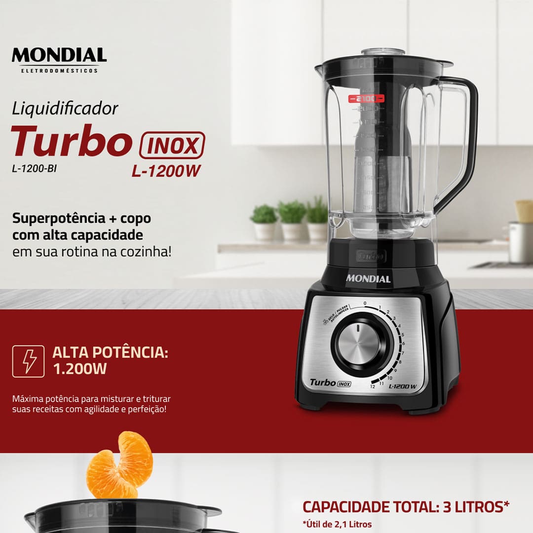 Para alcançar mistura homogêneas em suas receitas de forma eficiente e rápida, o Liquidificador Mondial Turbo Inox L1200 BI é a opção certa. Moderno, com acabamento do painel em aço inox, ele possui 1200W de potência e novo sistema de encaixe, que garantem praticidade no preparo de suas receitas e sofisticação para sua cozinha.