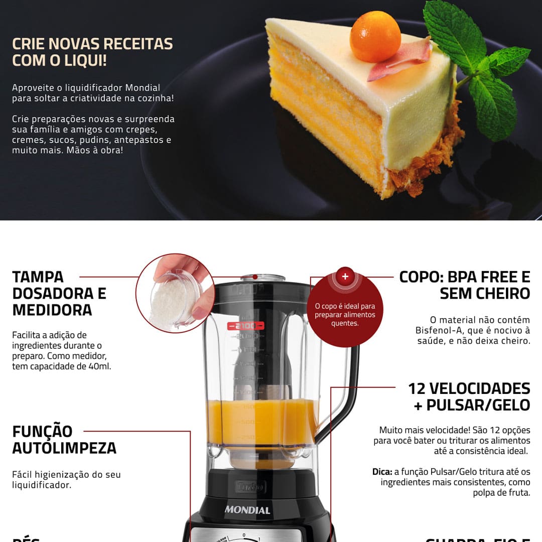 Para alcançar mistura homogêneas em suas receitas de forma eficiente e rápida, o Liquidificador Mondial Turbo Inox L1200 BI é a opção certa. Moderno, com acabamento do painel em aço inox, ele possui 1200W de potência e novo sistema de encaixe, que garantem praticidade no preparo de suas receitas e sofisticação para sua cozinha.