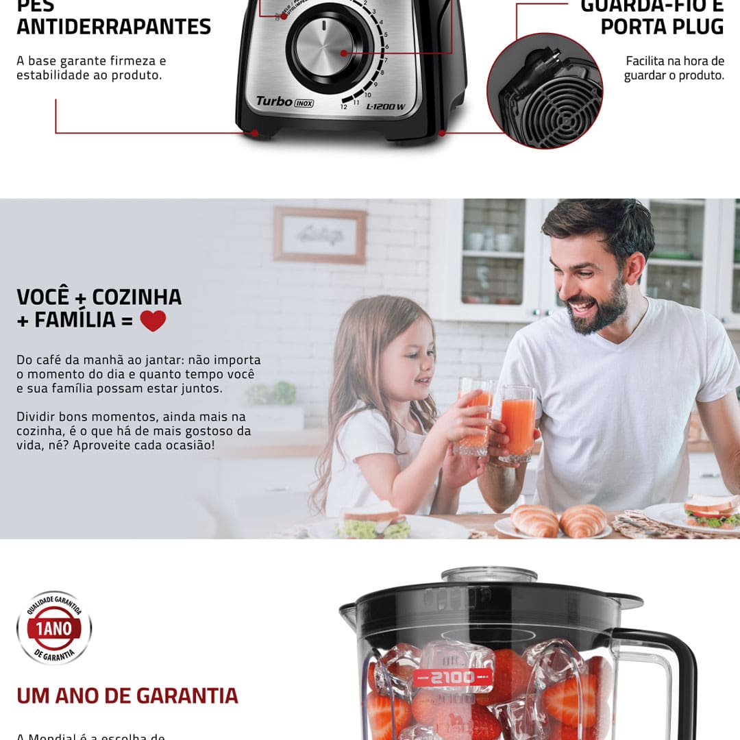 Para alcançar mistura homogêneas em suas receitas de forma eficiente e rápida, o Liquidificador Mondial Turbo Inox L1200 BI é a opção certa. Moderno, com acabamento do painel em aço inox, ele possui 1200W de potência e novo sistema de encaixe, que garantem praticidade no preparo de suas receitas e sofisticação para sua cozinha.