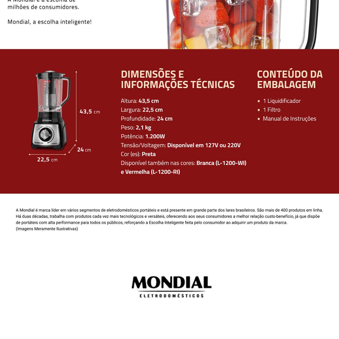 Para alcançar mistura homogêneas em suas receitas de forma eficiente e rápida, o Liquidificador Mondial Turbo Inox L1200 BI é a opção certa. Moderno, com acabamento do painel em aço inox, ele possui 1200W de potência e novo sistema de encaixe, que garantem praticidade no preparo de suas receitas e sofisticação para sua cozinha.
