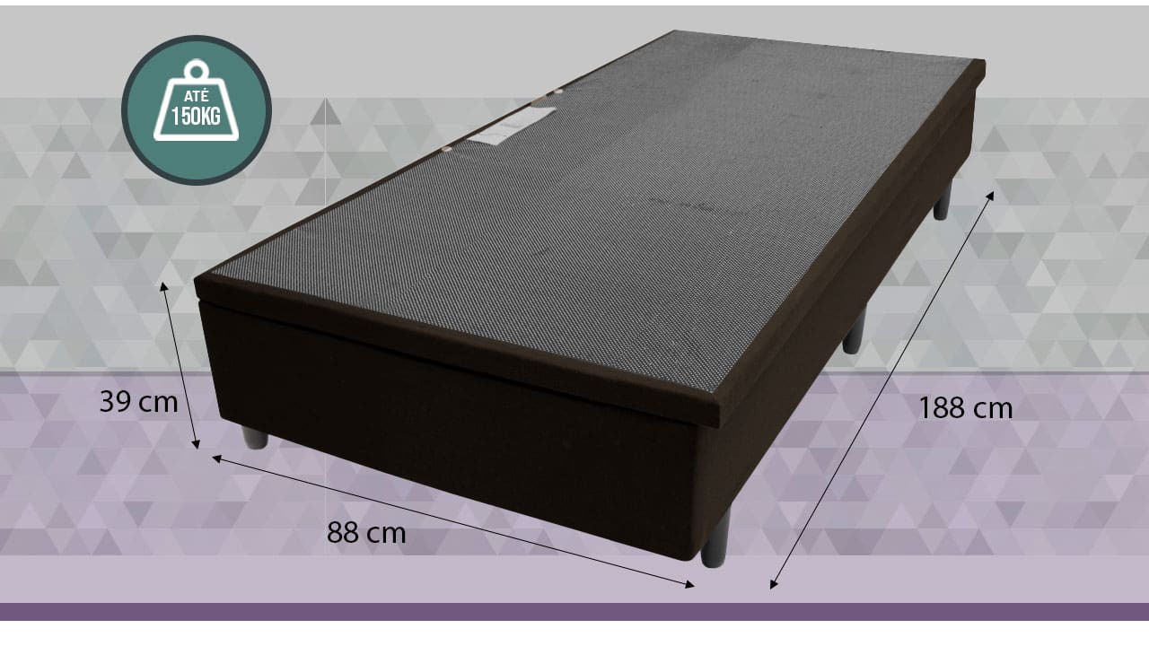 imagem frontal frente Base Box Colchão Solteiro MGA Lift Cotton marrom flechas indicativas indicação tamanho dimensão dimensões altura largura comprimento cm centímetros arte peso até 150kg