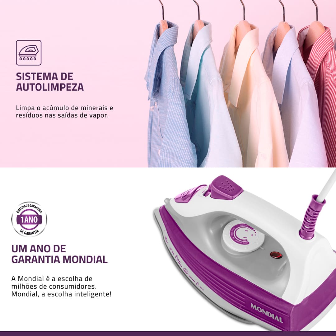 Ferro de Passar a Vapor Mondial FVN-01-P Conte com o Ferro Mondial FVN-01-P para deixar suas roupas lisinhas e impecáveis. Com a tecnologia da Base Cerâmica Diamante, ele desliza suavemente sobre o tecido, passando com mais rapidez. O aparelho pode ser utilizado no modo seco ou a vapor, o que garante menos esforço e mais eficiência para passar diferentes tipos de tecidos. 