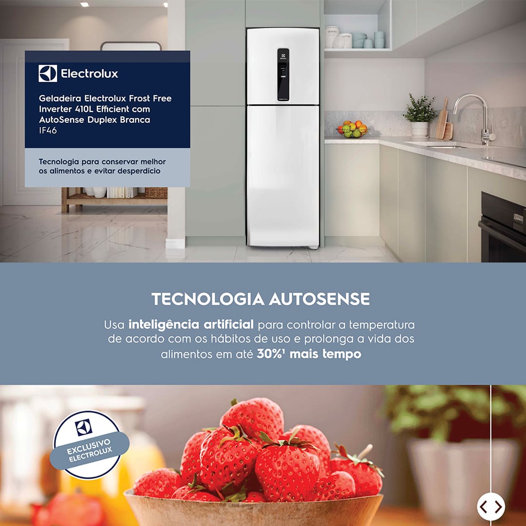 Conservação inteligente e eficiente A Geladeira IF46 Frost Free Inverter Efficient oferece uma conservação inteligente dos alimentos. Graças à tecnologia AutoSense, o refrigerador ajusta automaticamente a temperatura interna utilizando inteligência artificial, garantindo que os alimentos durem até 30% mais. Ideal para quem busca praticidade e eficiência no dia a dia.
