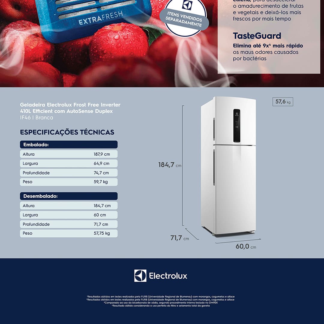 Conservação inteligente e eficiente A Geladeira IF46 Frost Free Inverter Efficient oferece uma conservação inteligente dos alimentos. Graças à tecnologia AutoSense, o refrigerador ajusta automaticamente a temperatura interna utilizando inteligência artificial, garantindo que os alimentos durem até 30% mais. Ideal para quem busca praticidade e eficiência no dia a dia.