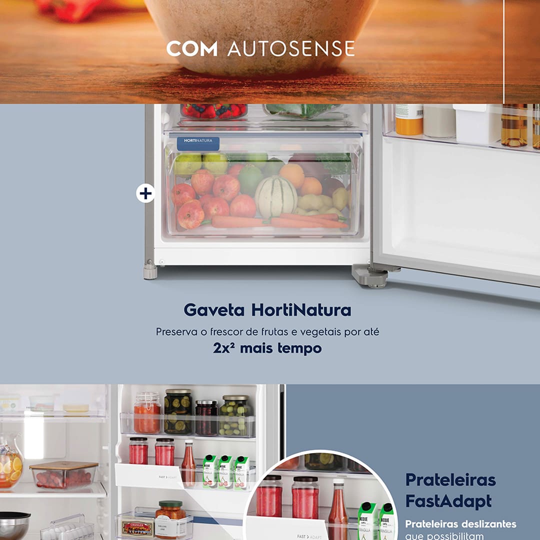 Conservação inteligente e eficiente A Geladeira IF46 Frost Free Inverter Efficient oferece uma conservação inteligente dos alimentos. Graças à tecnologia AutoSense, o refrigerador ajusta automaticamente a temperatura interna utilizando inteligência artificial, garantindo que os alimentos durem até 30% mais. Ideal para quem busca praticidade e eficiência no dia a dia.ncia no dia a dia.