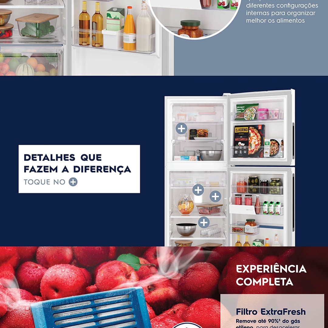 Conservação inteligente e eficiente A Geladeira IF46 Frost Free Inverter Efficient oferece uma conservação inteligente dos alimentos. Graças à tecnologia AutoSense, o refrigerador ajusta automaticamente a temperatura interna utilizando inteligência artificial, garantindo que os alimentos durem até 30% mais. Ideal para quem busca praticidade e eficiência no dia a dia.
