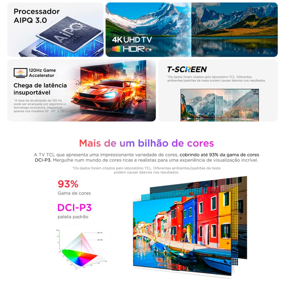 A Smart TV 4K da TCL conta com um painel LED e o sistema operacional Google TV, ela proporciona uma experiência mais fluida, melhores recomendações de conteúdo e diversas funções adicionais.