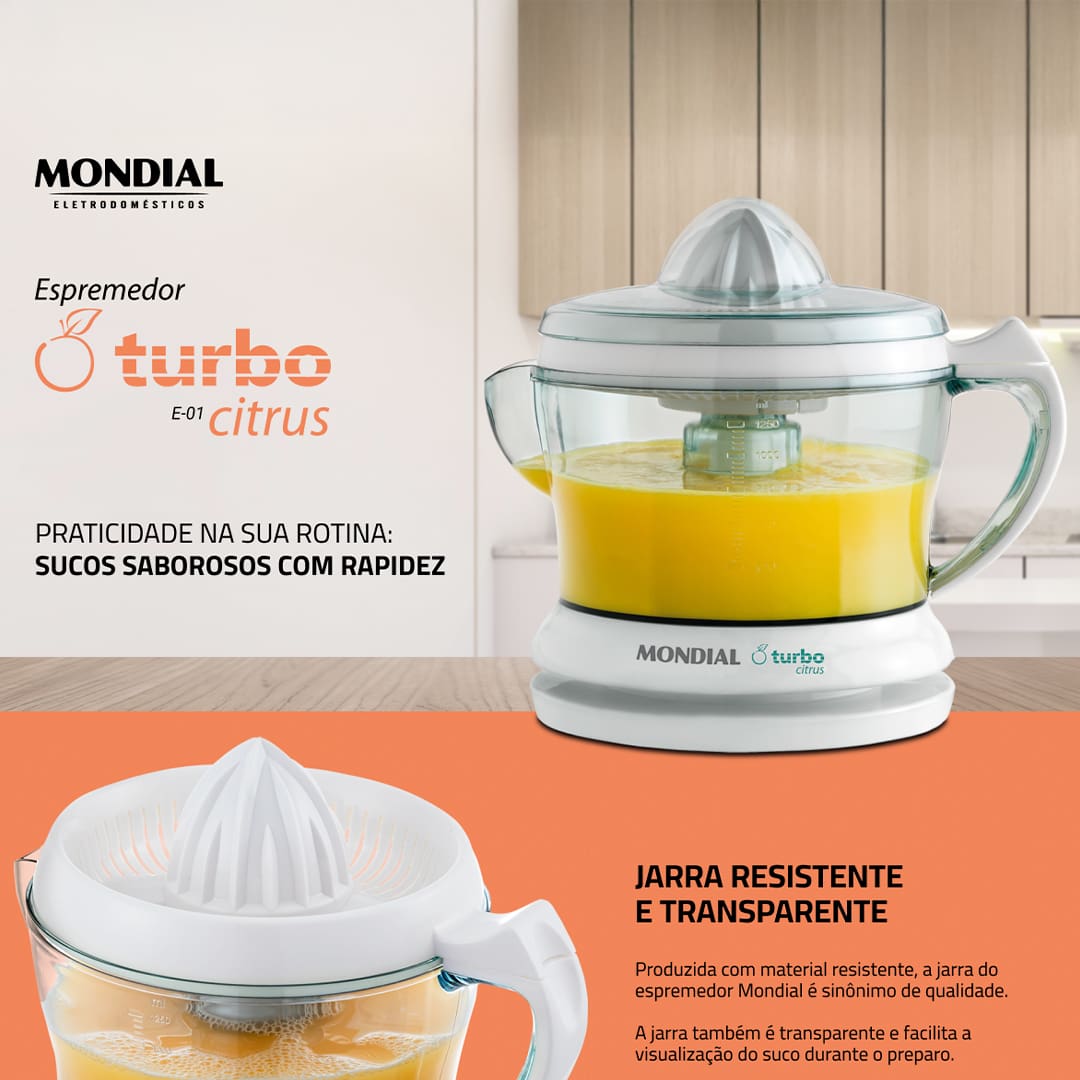 Espremedor de Frutas Mondial Turbo Citrus Para promover hábitos mais saudáveis, experimente o Espremedor de Frutas Mondial Turbo Citrus! Muito prático, o modelo Turbo Citrus da Mondial oferece a rapidez que você precisa no dia a dia para fazer sucos maravilhosos para sua família. Com motor síncrono superpotente, é possível preparar vários sucos de maneira simples e prática.