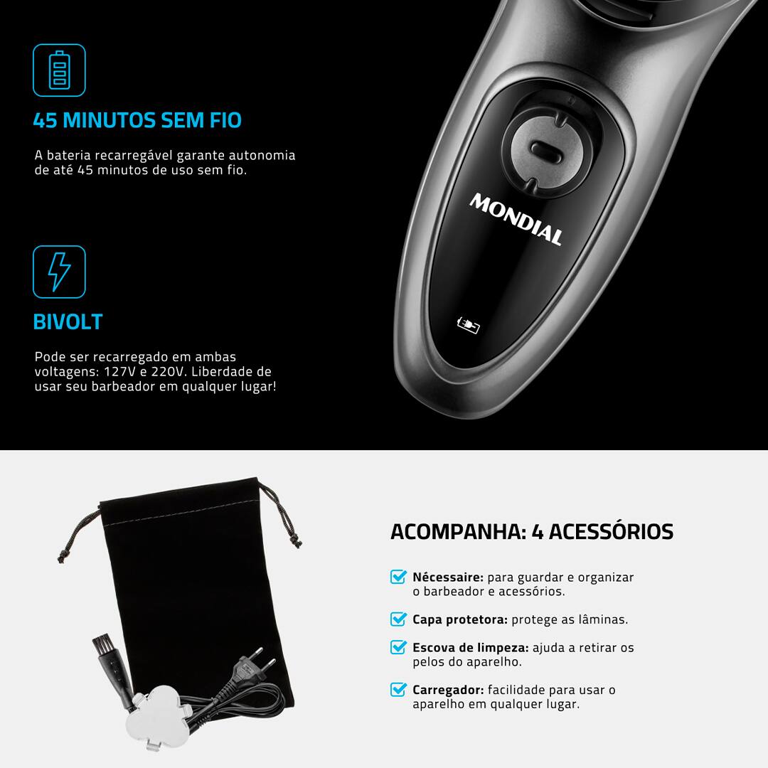 Fique com a barba bem aparada, o rosto macio e com toque suave, ao adquirir o Barbeador Elétrico Mondial Power Shave BE-02. Com design moderno e ergonômico, ele atende, com eficiência, às necessidades do público masculino. Isso se deve, principalmente, às cabeças articuladas com 3 lâminas duplas em inox e aparador de costeleta.