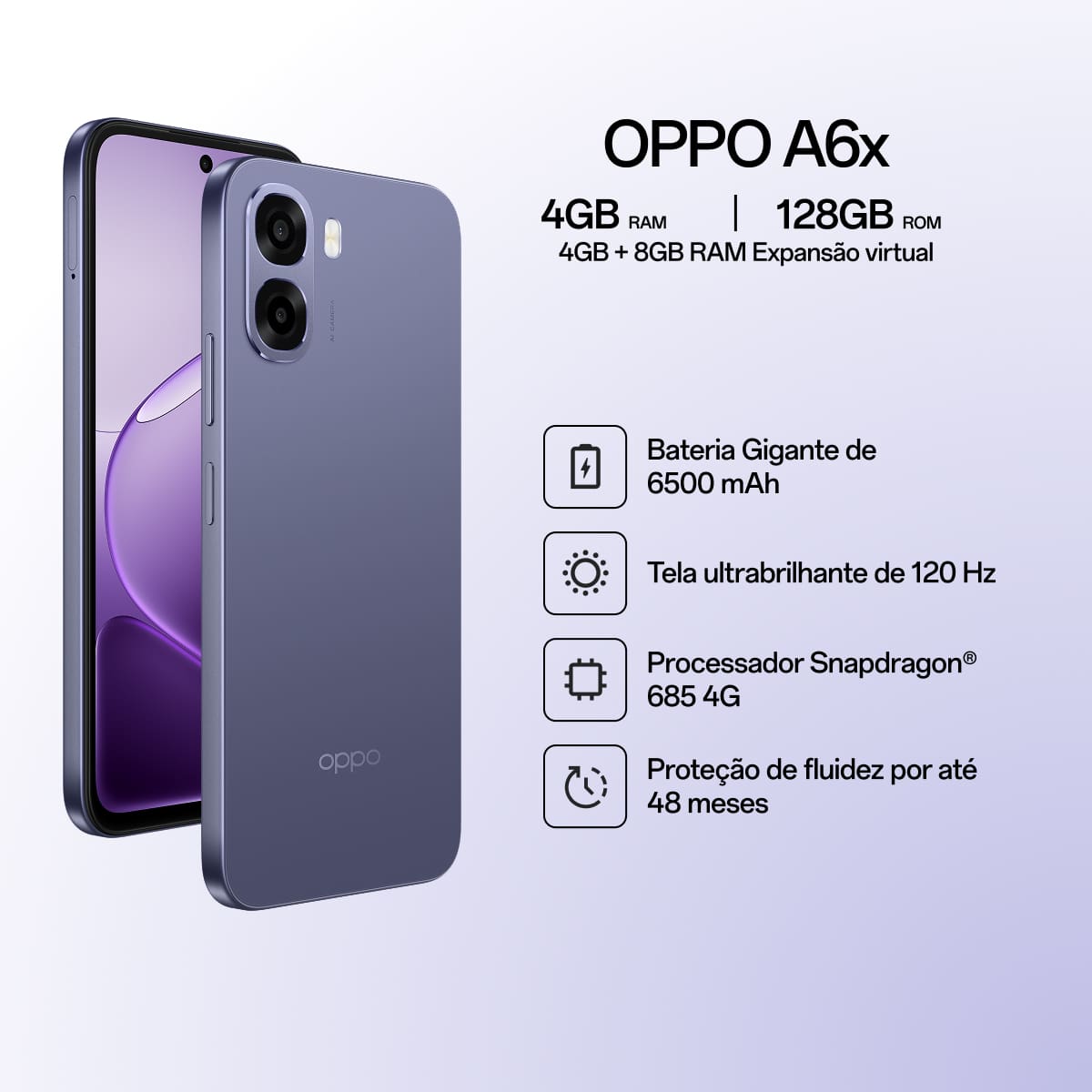 Smartphone OPPO A6X 4G Tela 6.75” 128GB Câmera 13MP Púrpura