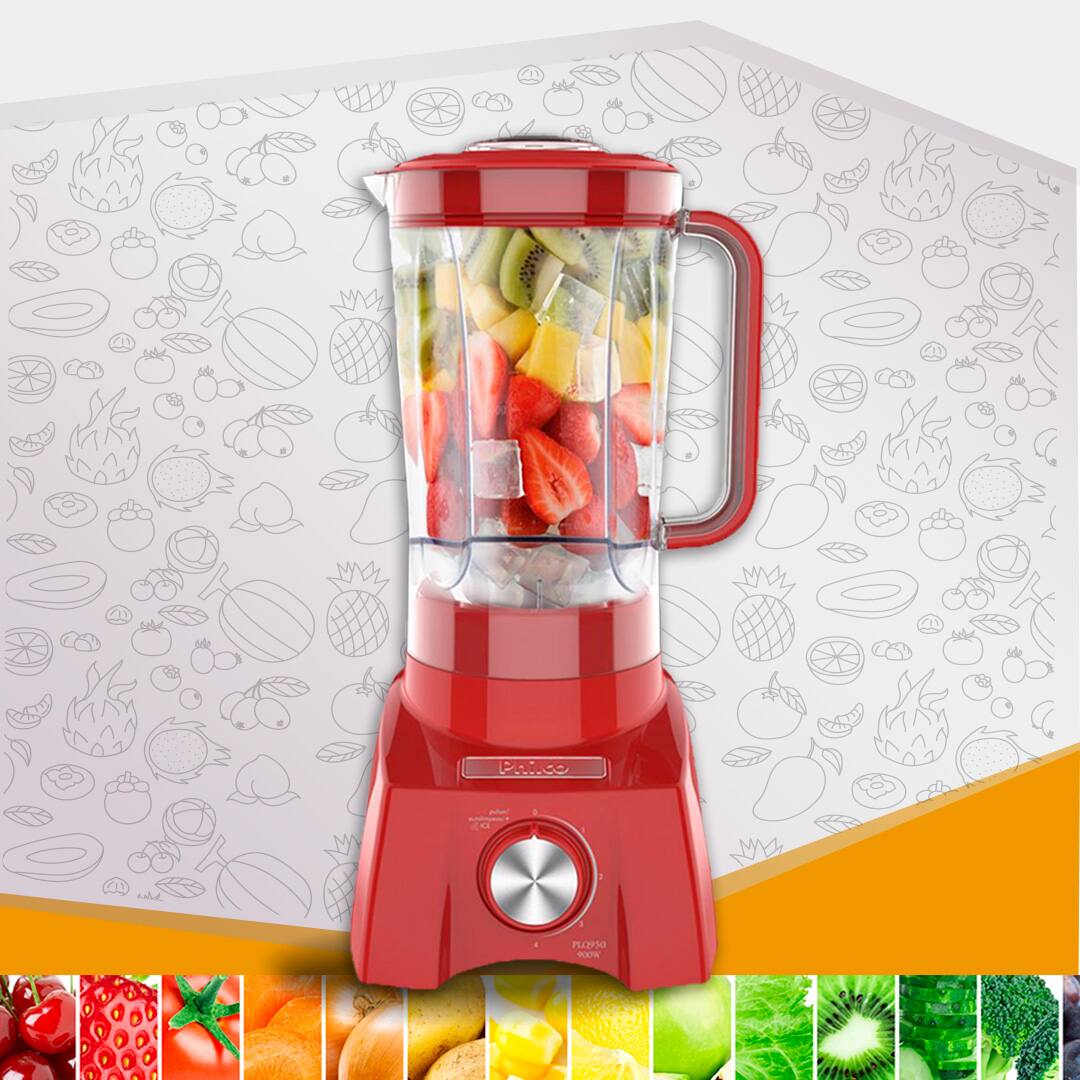imagem frontal frente Liquidificador Philco PLQ950V vermelho parte interna frutas picadas morango kiwi manga pedaços cubos gelo tampa fechada botão cinza prata fundo arte ilustração desenhos desenho fruta