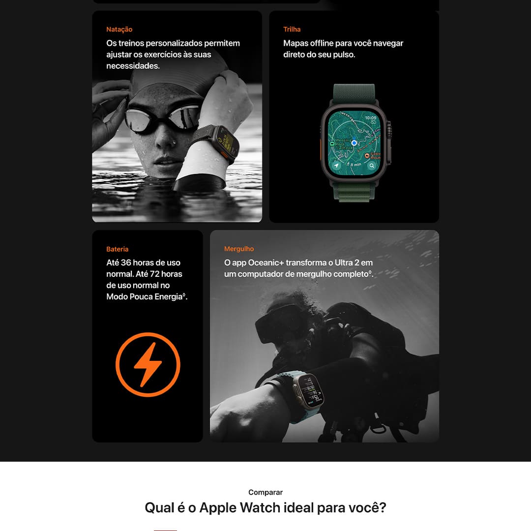 O Apple Watch Ultra 2 é o relógio definitivo para esportes e aventura. Ele vem com bateria para vários dias, GPS de precisão e dupla frequência e a tela mais brilhante da Apple até hoje. Também tem caixa de titânio resistente, tela de cristal de safira e botão de Ação configurável.