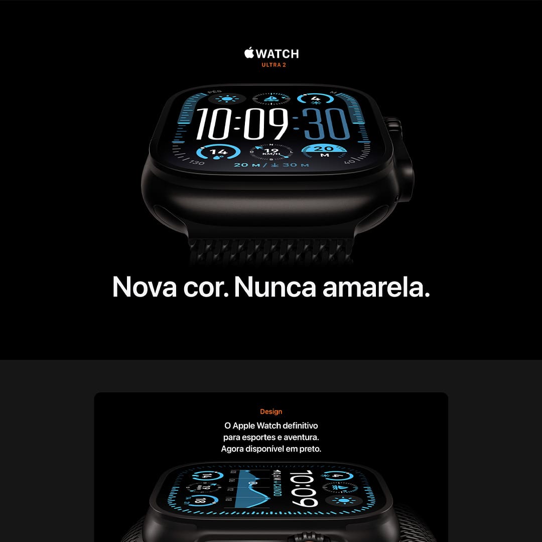 O Apple Watch Ultra 2 é o relógio definitivo para esportes e aventura. Ele vem com bateria para vários dias, GPS de precisão e dupla frequência e a tela mais brilhante da Apple até hoje. Também tem caixa de titânio resistente, tela de cristal de safira e botão de Ação configurável.