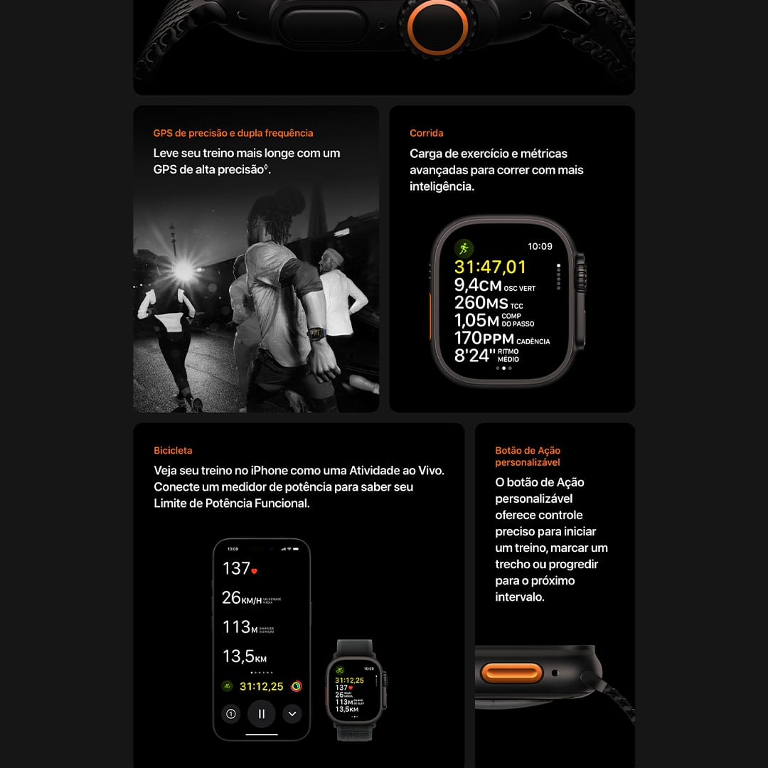 O Apple Watch Ultra 2 é o relógio definitivo para esportes e aventura. Ele vem com bateria para vários dias, GPS de precisão e dupla frequência e a tela mais brilhante da Apple até hoje. Também tem caixa de titânio resistente, tela de cristal de safira e botão de Ação configurável.