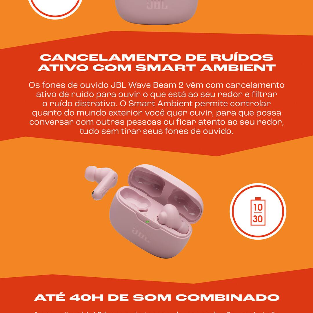 Som JBL Pure Bass para uma experiência imersiva Os fones de ouvido JBL Wave Buds 2 possuem drivers dinâmicos de 8 mm que oferecem o icônico som JBL Pure Bass, proporcionando graves profundos e uma experiência auditiva empolgante. Seja para ouvir músicas, podcasts ou assistir a vídeos, o som é claro, potente e envolvente, garantindo qualidade em qualquer momento do seu dia.