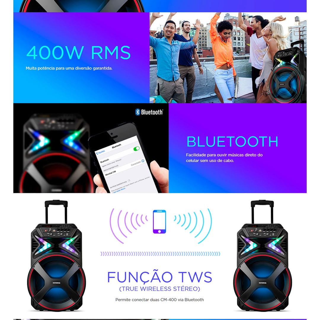 Caixa Amplificada Mondial CM-400 com Bluetooth, USB e Rádio FM - 400W
