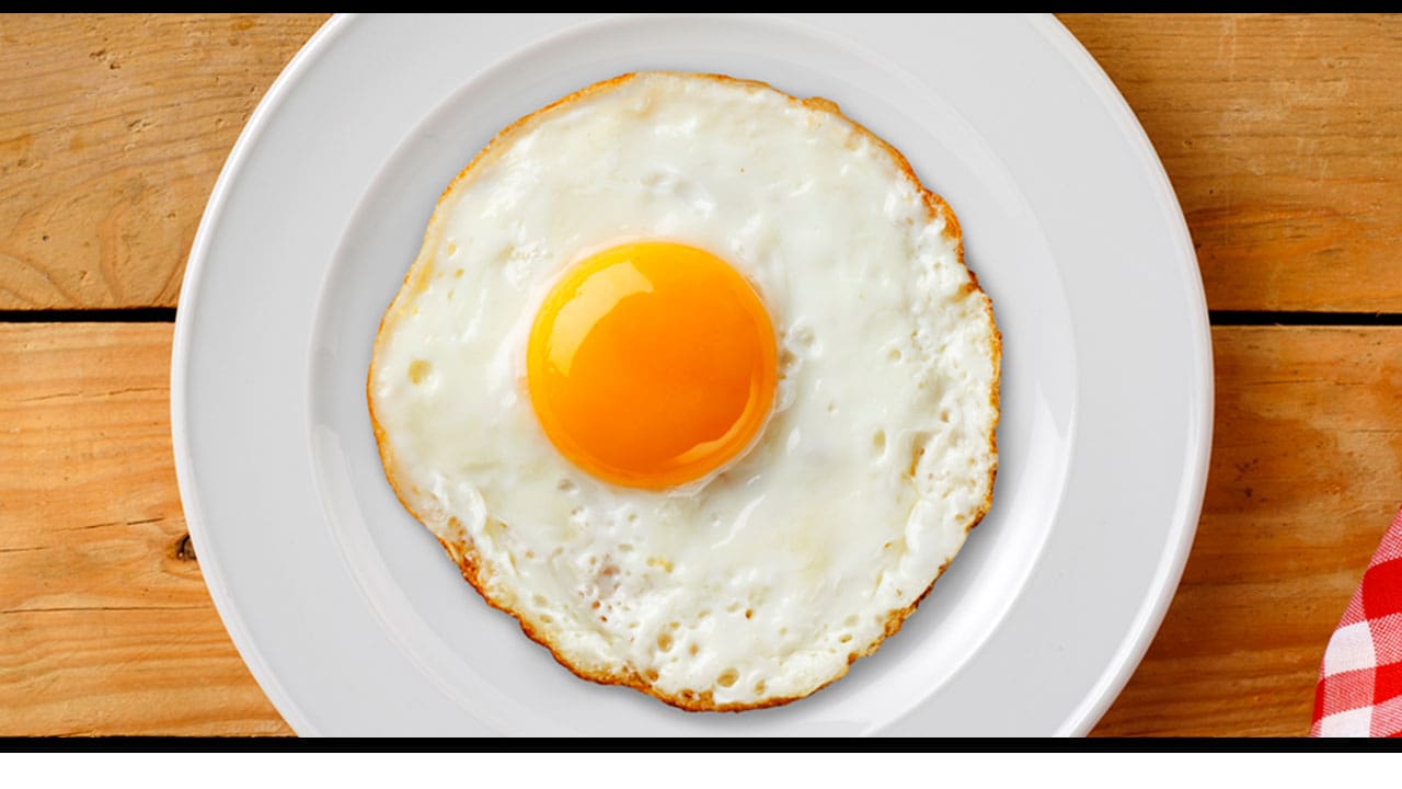 imagem mostra um prato com ovo frito visto de cima