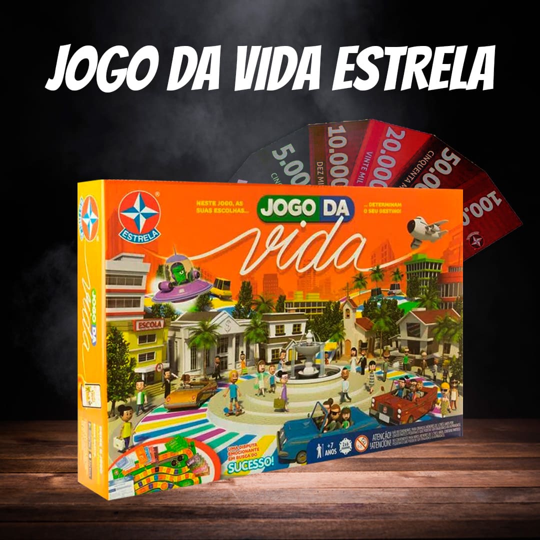 Jogo da Vida Estrela imagem frontal frente caixa embalagem bancada marrom madeira