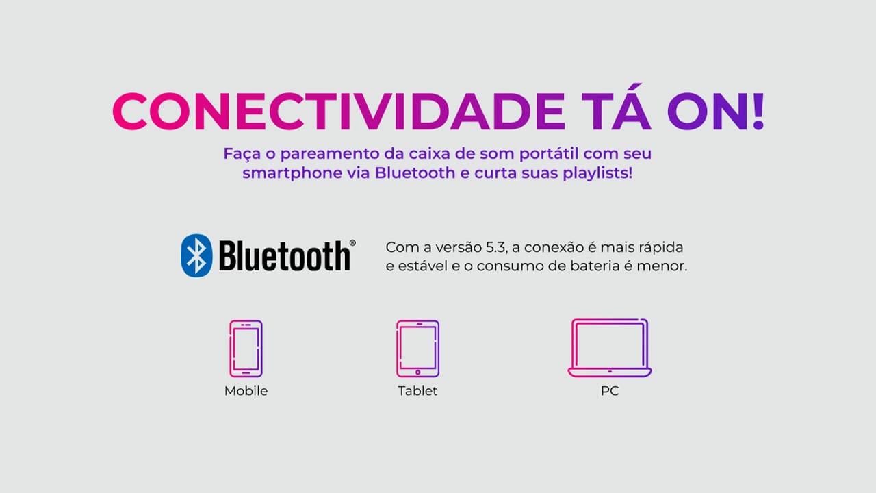 Som Potente e Cristalino. Sistema de 3 vias: 1 subwoofer, 2 midrange e 2 tweeters para graves profundos, médios nítidos e agudos cristalinos. 200W RMS de potência, radiadores passivos laterais para melhor propagação do som em todos os cantos do ambiente.