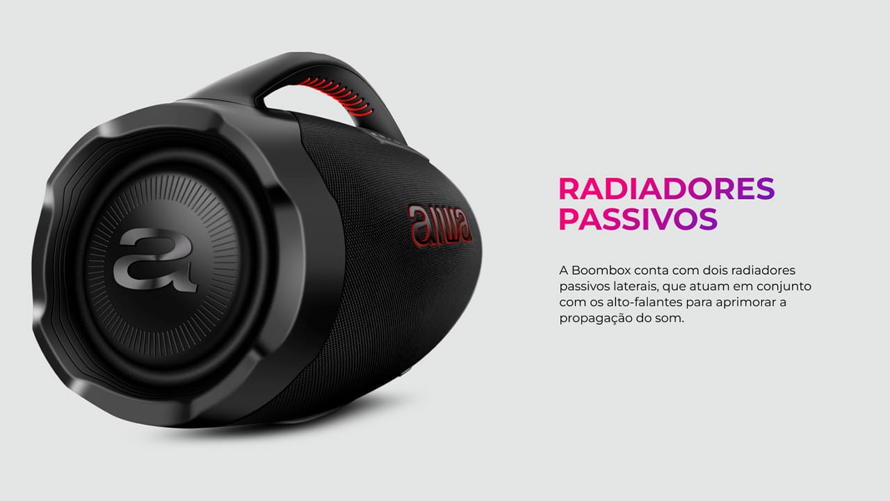 Som Potente e Cristalino. Sistema de 3 vias: 1 subwoofer, 2 midrange e 2 tweeters para graves profundos, médios nítidos e agudos cristalinos. 200W RMS de potência, radiadores passivos laterais para melhor propagação do som em todos os cantos do ambiente.