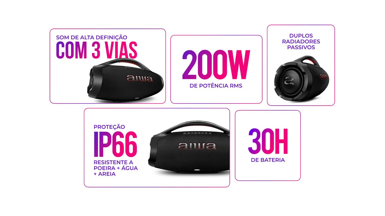 Som Potente e Cristalino. Sistema de 3 vias: 1 subwoofer, 2 midrange e 2 tweeters para graves profundos, médios nítidos e agudos cristalinos. 200W RMS de potência, radiadores passivos laterais para melhor propagação do som em todos os cantos do ambiente.