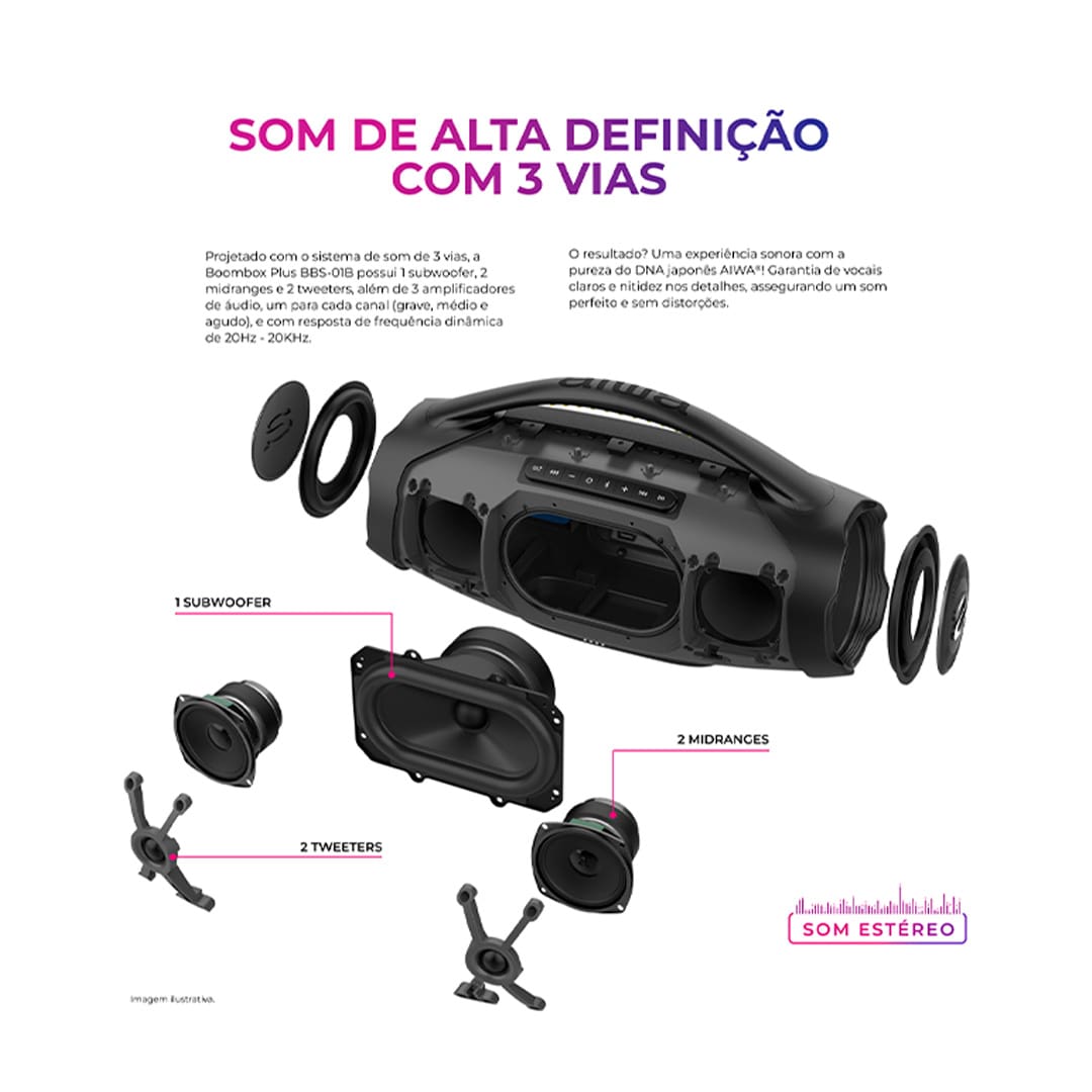 Som Potente e Cristalino. Sistema de 3 vias: 1 subwoofer, 2 midrange e 2 tweeters para graves profundos, médios nítidos e agudos cristalinos. 200W RMS de potência, radiadores passivos laterais para melhor propagação do som em todos os cantos do ambiente.