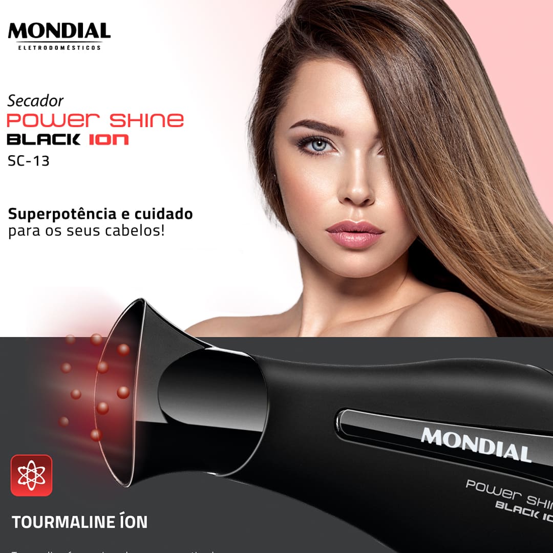 Faça do seu penteado um arraso com o secador de cabelos Mondial Power Shine Black SC-13! Ideal para uso pessoal ou profissional, esse aparelho é estiloso, simples de manusear e possibilita um excelente resultado em pouquíssimo tempo.