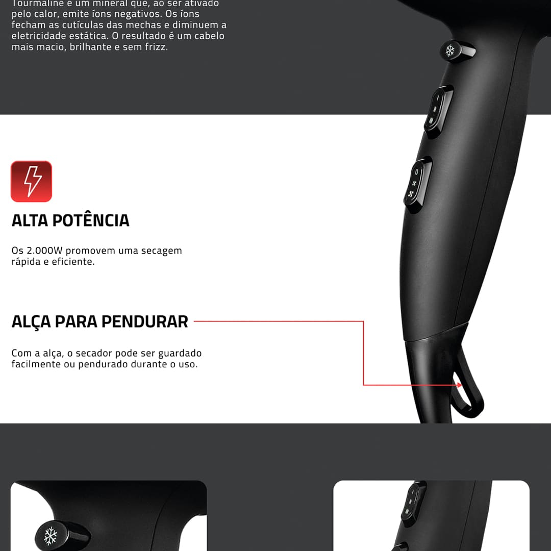 Faça do seu penteado um arraso com o secador de cabelos Mondial Power Shine Black SC-13! Ideal para uso pessoal ou profissional, esse aparelho é estiloso, simples de manusear e possibilita um excelente resultado em pouquíssimo tempo.