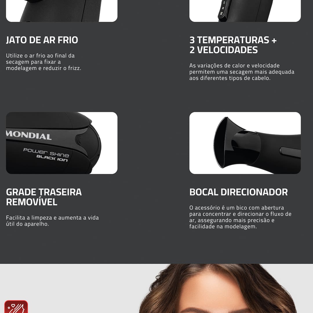 Faça do seu penteado um arraso com o secador de cabelos Mondial Power Shine Black SC-13! Ideal para uso pessoal ou profissional, esse aparelho é estiloso, simples de manusear e possibilita um excelente resultado em pouquíssimo tempo.