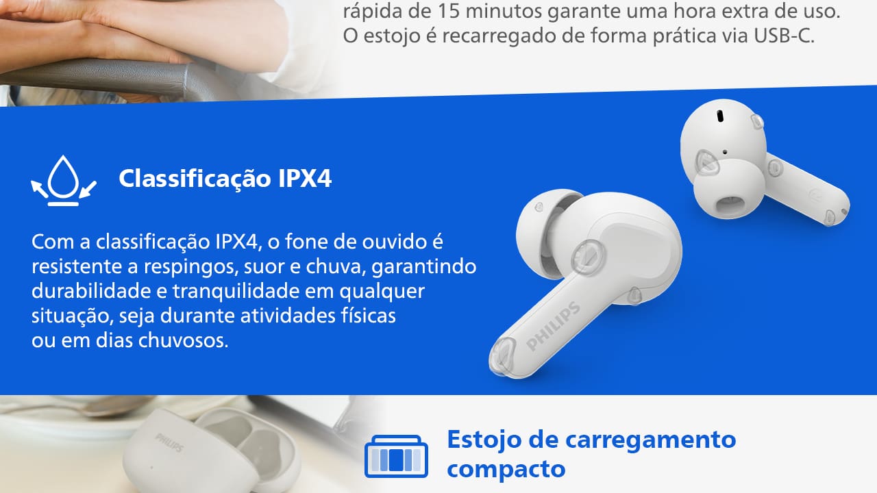 Fone de Ouvido Philips TWS Bluetooth IPX4 Branco