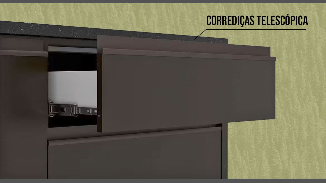 corrediças telescópica gaveta aberta marrom cinza