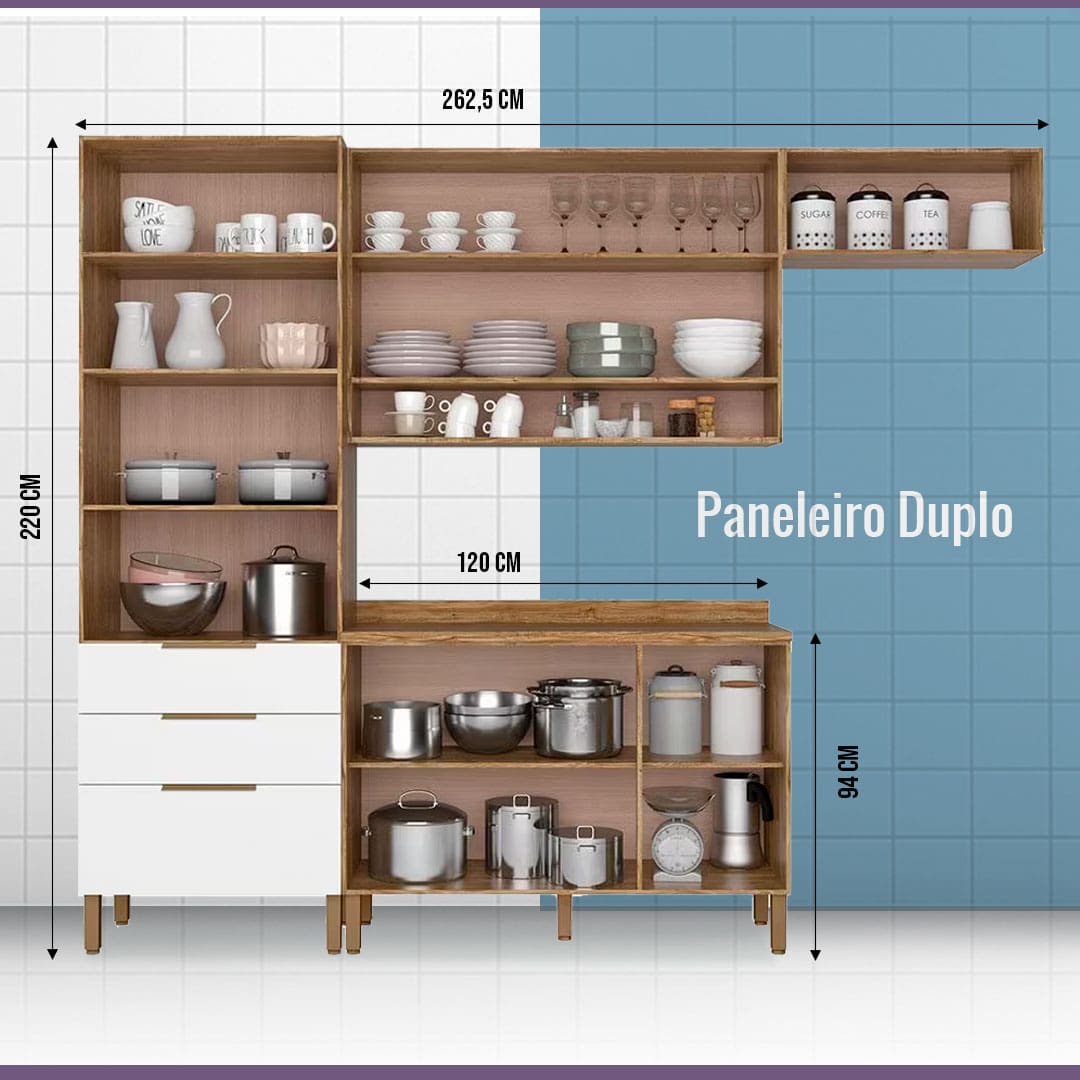 Paneleiro Duplo imagem frontal Cozinha Bartira Topázio UP módulos abertos sem portas parte interna exposta de dentro conteúdo utensílios domésticos guardados armazenados setas flechas indicação tamanho dimensões