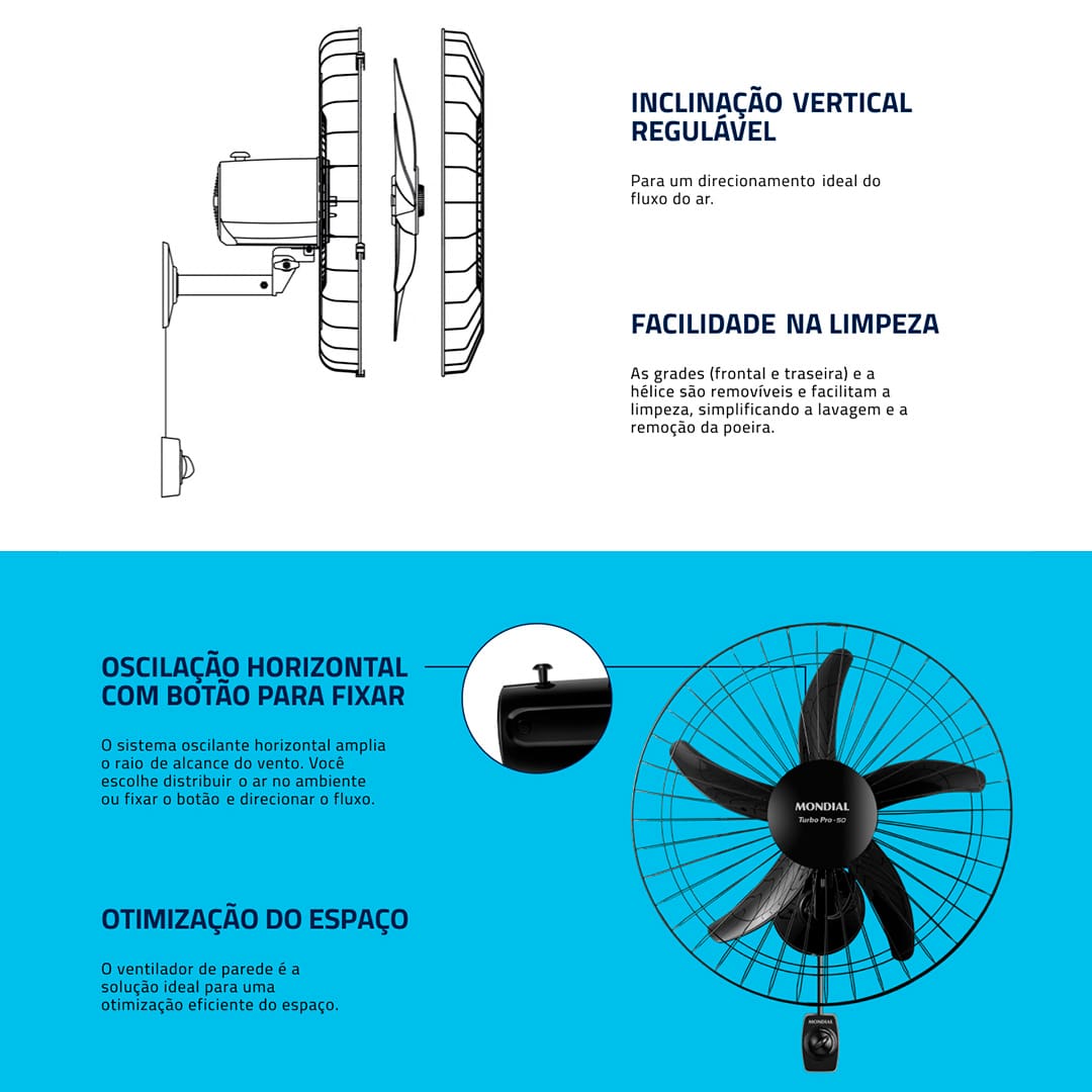 Ambiente Refrescante e Ventilado O design aerodinâmico e de alta performance do Ventilador da Mondial proporciona maior intensidade do vento e melhor distribuição de ar, resultando em um ambiente mais fresco e arejado. Com uma potência de 150W, este ventilador garante vento mais forte e maior vazão de ar, proporcionando um ambiente mais refrescante. Controle de Velocidade e Distribuição Eficiente de Ar Ventilador de Parede apresenta três opções de velocidade para ajustar o fluxo de ar conforme sua preferência. Já o sistema oscilante contínuo, amplia o alcance do vento, garantindo uma distribuição eficiente e uniforme de ar por todo o ambiente. Otimização do Espaço com Suporte de Aço Reforçado Ideal para otimizar o espaço, o ventilador Turbo Pro possui um suporte de aço reforçado que assegura maior sustentação e durabilidade ao fixá-lo à parede. Além disso, a grade frontal de aço desmontável proporciona segurança adicional, resistência e facilita a limpeza das hélices, tornando o ventilador mais prático e durável.