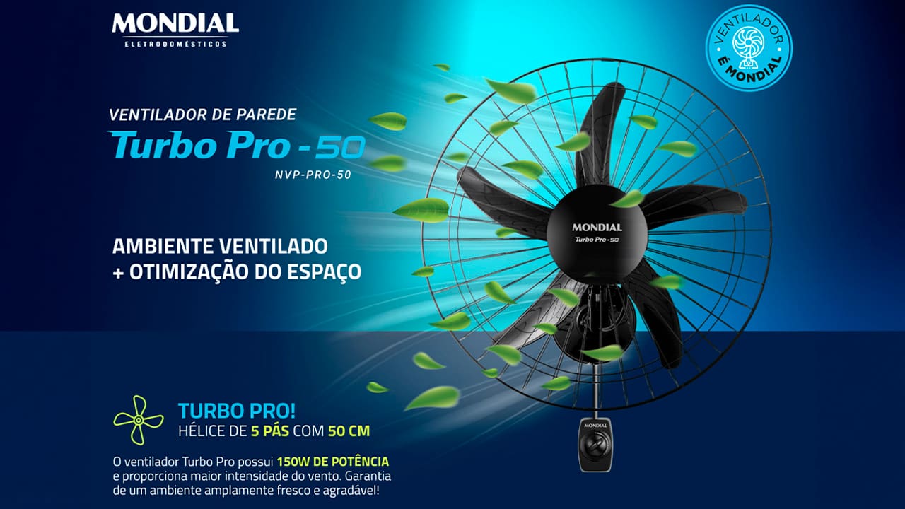 Ambiente Refrescante e Ventilado O design aerodinâmico e de alta performance do Ventilador da Mondial proporciona maior intensidade do vento e melhor distribuição de ar, resultando em um ambiente mais fresco e arejado. Com uma potência de 150W, este ventilador garante vento mais forte e maior vazão de ar, proporcionando um ambiente mais refrescante. Controle de Velocidade e Distribuição Eficiente de Ar Ventilador de Parede apresenta três opções de velocidade para ajustar o fluxo de ar conforme sua preferência. Já o sistema oscilante contínuo, amplia o alcance do vento, garantindo uma distribuição eficiente e uniforme de ar por todo o ambiente. Otimização do Espaço com Suporte de Aço Reforçado Ideal para otimizar o espaço, o ventilador Turbo Pro possui um suporte de aço reforçado que assegura maior sustentação e durabilidade ao fixá-lo à parede. Além disso, a grade frontal de aço desmontável proporciona segurança adicional, resistência e facilita a limpeza das hélices, tornando o ventilador mais prático e durável.