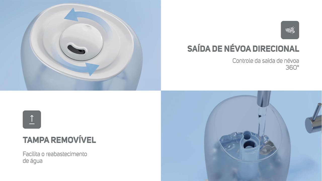 Saúde e bem-estar o ano inteiro Experimente o máximo conforto e qualidade de vida com o Umidificador de Ar Wap Air Flow U2! Este dispositivo 3 em 1 é a solução perfeita para manter o nível da umidade do ar agradável, perfumar os ambientes e iluminar com uma luz de LED de 4000k. Com seu design moderno, ele cria uma atmosfera aconchegante para toda a família, tornando os dias mais agradáveis e as noites mais tranquilas.